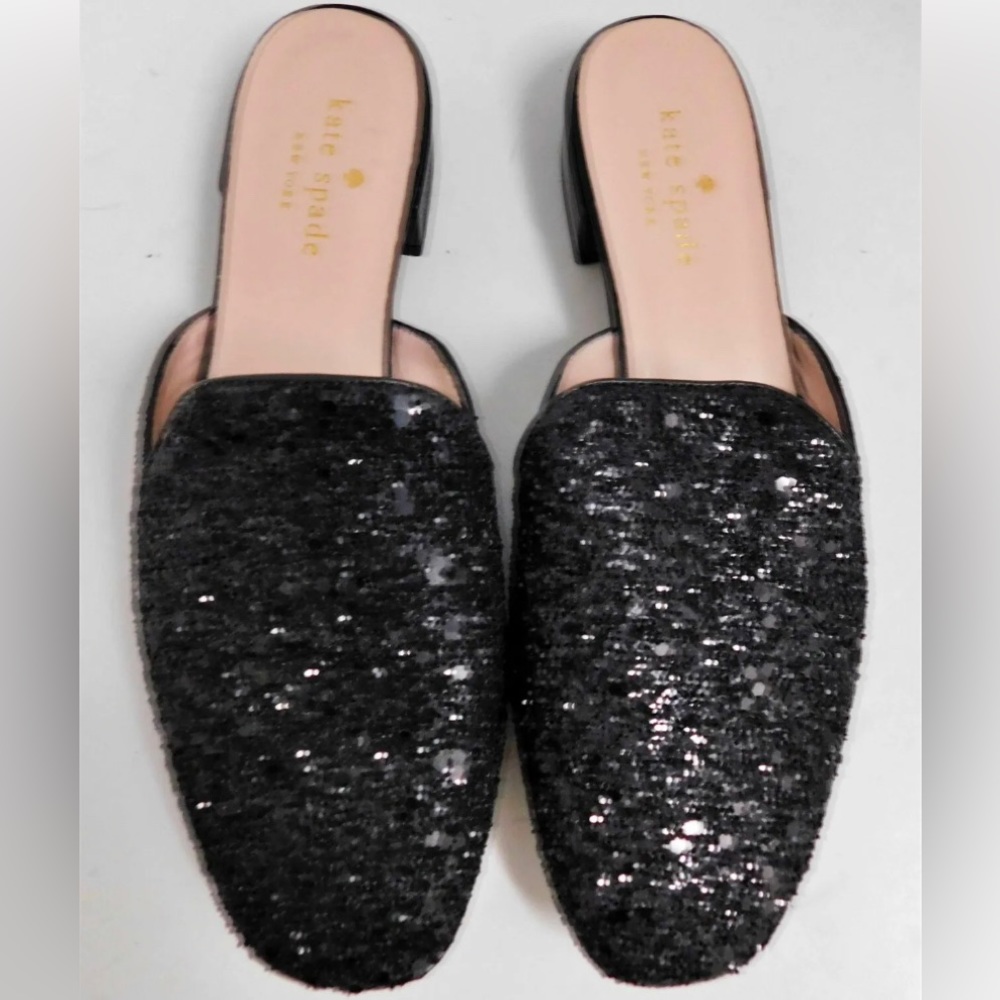 Kate Spade Black Glitter Slip on Mules